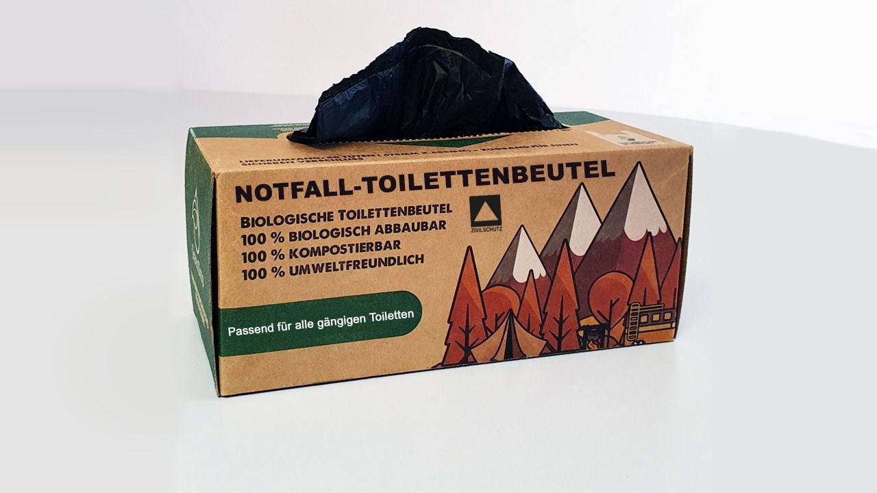 Eine Packung Notfall-Toilettenbeutel.